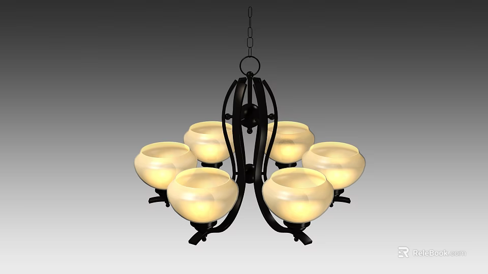 Classic Black Metal Chandelier With Multiple White Glass Shades And Curved Arms 3d model 