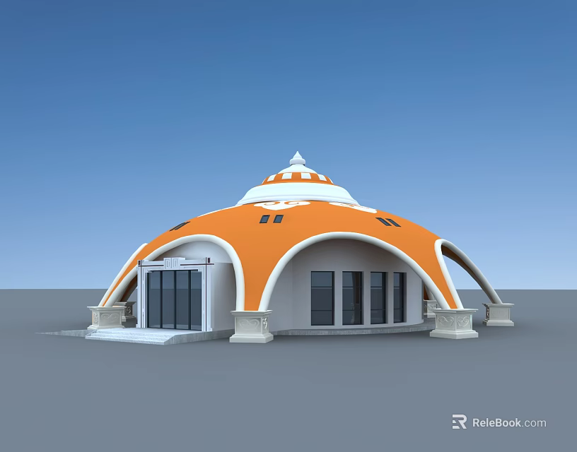 Orange And White Dome Building With Arched Structure And White Doors Windows 3d model 