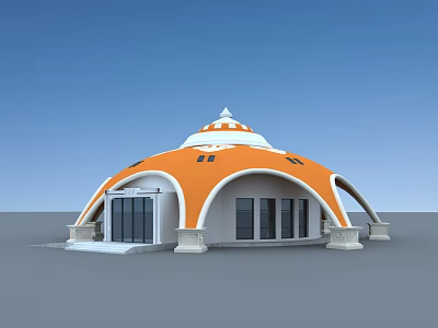 Orange And White Dome Building With Arched Structure And White Doors Windows 3d model
