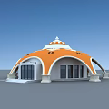 Orange And White Dome Building With Arched Structure And White Doors Windows 3d model