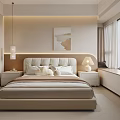 Modern Cozy Bedroom Interior With Large Bed Soft Upholstered Headboard Bedside Lamps And Wall Art