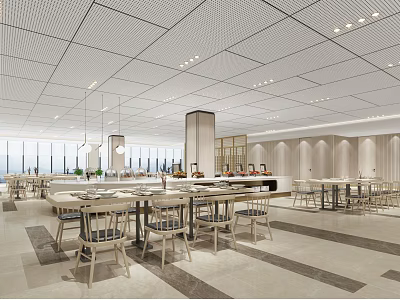 Spacious Modern Restaurant Interior With Grid Ceiling Pendant Lights Long Dining Tables And Large Windows 3d model