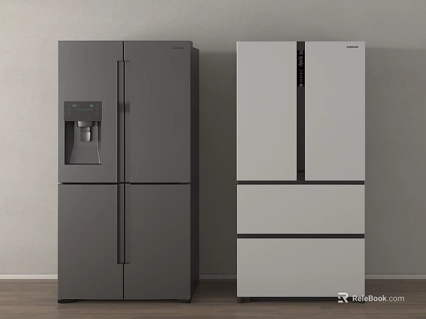 Two Modern Refrigerators in Gray and White Standing Side by Side in Kitchen 3d model