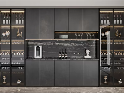 Modern Wine Cabinet With Black Cabinetry Glass Doors Marble Backsplash Wine Bottles And Decorative Items 3d model