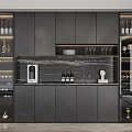 Modern Wine Cabinet With Black Cabinetry Glass Doors Marble Backsplash Wine Bottles And Decorative Items