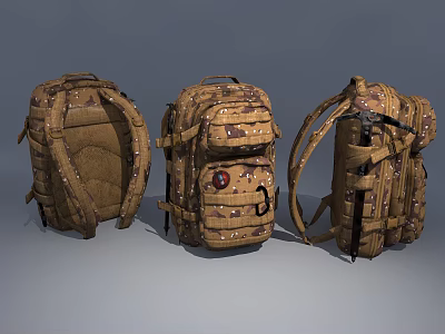 Brown Camouflage Backpacks Shown From Different Angles With Multiple Pockets And Straps 3d model