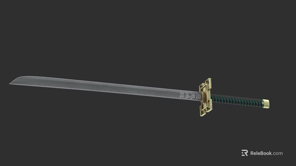 Traditional Japanese Sword With Slender Blade Green Wrapped Handle And Golden Tsuba 3d model 