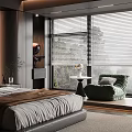 Contemporary Dark Toned Bedroom Interior With Comfortable Bed Bookshelf Window Chair And Ceiling Lighting