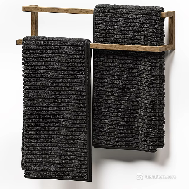 Black Striped Towels Hanging on Wooden Rack for Bathroom Decor 3d model 