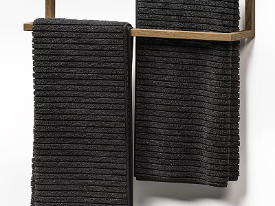 Black Striped Towels Hanging on Wooden Rack for Bathroom Decor 3d model