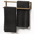 Black Striped Towels Hanging on Wooden Rack for Bathroom Decor