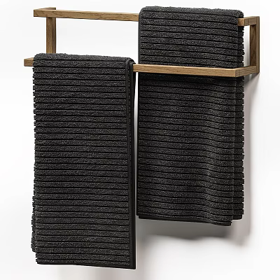 Black Striped Towels Hanging on Wooden Rack for Bathroom Decor 3d model