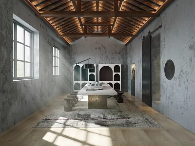Elegant Study Room With Wooden Ceiling Gray Walls Large Windows Bookshelves Long Table And Rug 3d model