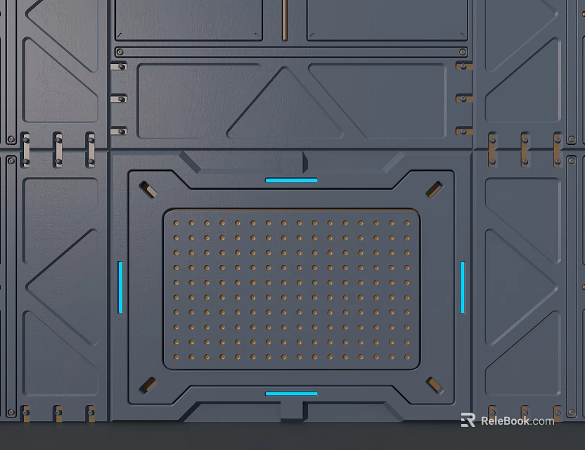 Gray Wall Panel with Geometric Patterns Rectangular Small Hole Area Blue Lines and Metal Connectors 3d model 