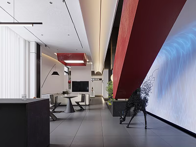 Modern Lounge Area Interior Design With Red Accent Wall Blue Lighting And Black Sculpture 3d model