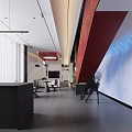 Modern Lounge Area Interior Design With Red Accent Wall Blue Lighting And Black Sculpture