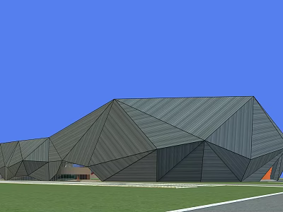 Modern Geometric Building With Gray Faceted Exterior Against Blue Sky And Green Lawn 3d model