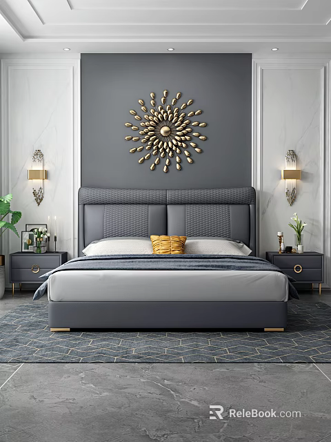 Modern Background Double Bed Interior Design With Gray Headboard Golden Decor And Wall Sconces 3d model