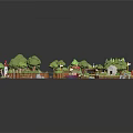 Enchanting Cartoon Scene with Green Trees Winding Paths Red Mushrooms Small House Boat Archway
