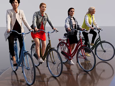 Women Riding Different Colored Bicycles Together in Stylish Casual Outdoor Wear 3d model