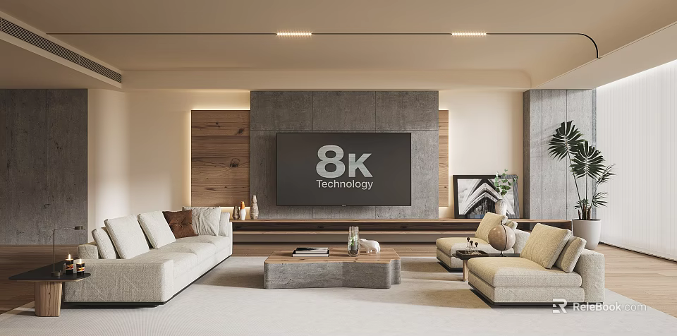 Modern TV Background Wall With 8K Technology Stone Wood And Living Room Decor 3d model 