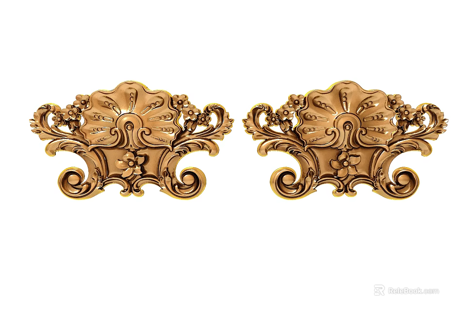 Golden Decorative Carved Ornaments Featuring Symmetrical Floral And Scroll Patterns 3d model 