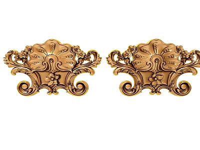Golden Decorative Carved Ornaments Featuring Symmetrical Floral And Scroll Patterns 3d model