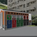 Garden Landscape Waste Sorting Station With Colorful Recycling Bins And Storage Zone