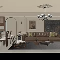 Elegant Modern Dining and Living Room Interior With Leather Sofa Chandelier Artwork and Rug