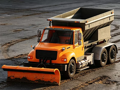 Orange Dump Truck Equipped With Snow Plow For Snow Removal And Hauling 3d model