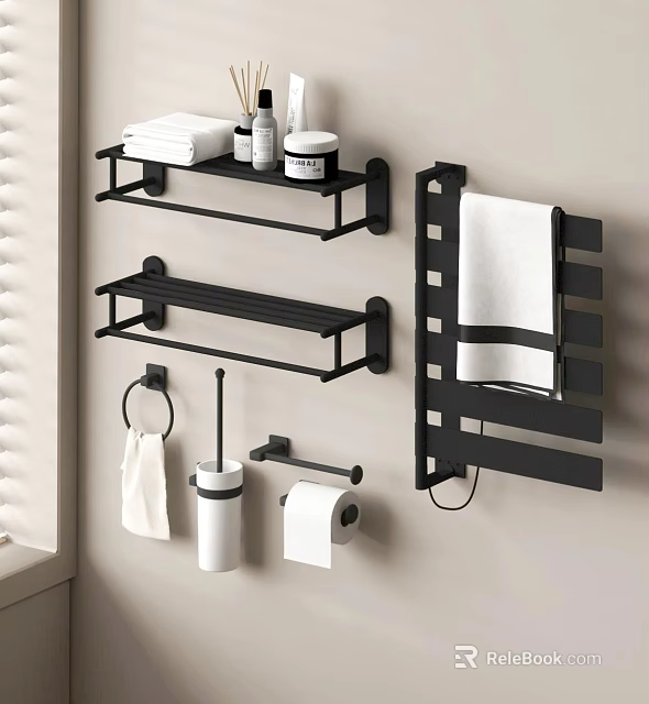 Modern Bathroom White Towels On Black Shelves And Towel Rack With Toilet Paper 3d model 