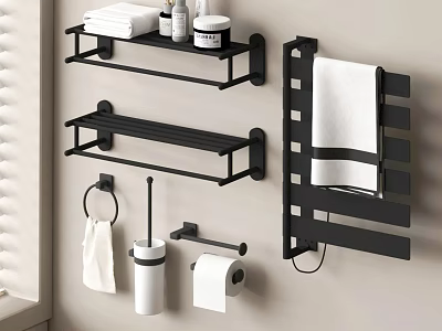 Modern Bathroom White Towels On Black Shelves And Towel Rack With Toilet Paper 3d model