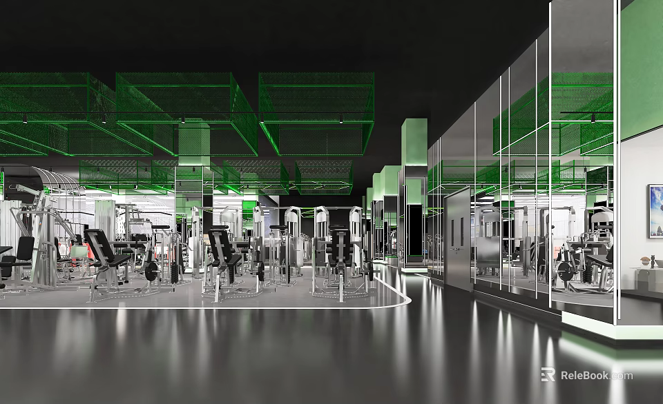 Modern Fitness Gym Interior With Various Equipment Mirror Walls And Green Grid Ceiling 3d model 