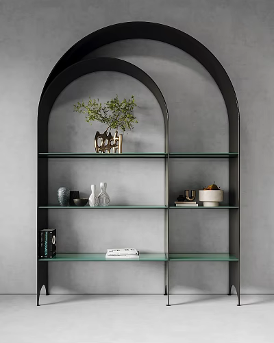 Arched Glass Shelving Unit Featuring Green Plant Vases Decorative Items And Books 3d model