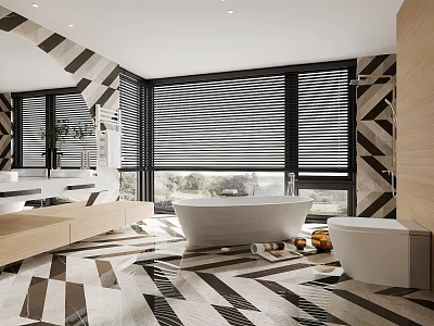 Modern Contemporary Bathroom Interior With Freestanding Bathtub Toilet And Geometric Floor Blinds 3d model