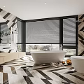 Modern Contemporary Bathroom Interior With Freestanding Bathtub Toilet And Geometric Floor Blinds