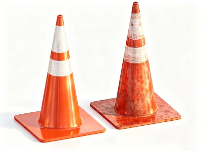 Two Orange Traffic Cones With White Reflective Stripes On Square Bases 3d model