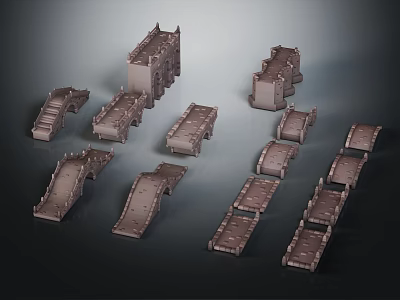 Gray Tabletop Scenery Model Components Including Steps Platforms And Bridges 3d model