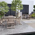 Modern Garden Patio With Wooden Furniture Marble Flooring And Green Plants