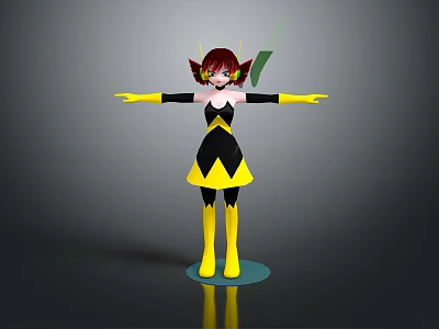 3D Character With Bee Like Features In Yellow Black Outfit Red Hair Antennae Standing Pose 3d model