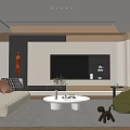 Modern Living Room Interior Design With White Sofa Round Coffee Table And Orange Armchair
