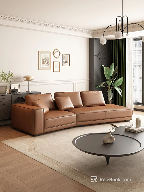 Multi-seat Brown Leather Sofa in Modern Living Room with Paintings Green Plant and Coffee Table 3d model 