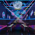 Neon Themed Dining Interior With Colorful Neon Lights Moon Decoration Motorcycle Graphic Table And Chairs