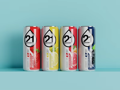 Colorful 21 Energy Drink Cans With Strawberry Lemon Raspberry And Blackberry Flavors 3d model