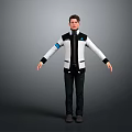 Male Character in White Black Jacket with Blue Logo and Outstretched Arms Gray Background