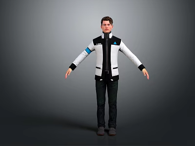 Male Character in White Black Jacket with Blue Logo and Outstretched Arms Gray Background 3d model