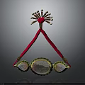 Traditional Headpiece with Red Ribbons Top Pearl Ornament Central Large Gemstone and Side Small Gemstones
