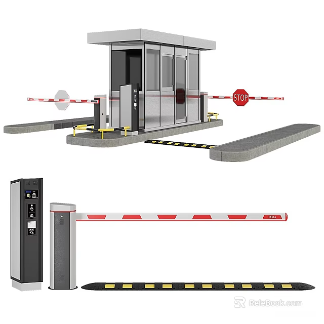 Security Booth With Automatic Red White Striped Barrier Gate And Parking Access Control 3d model 
