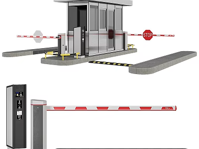 Security Booth With Automatic Red White Striped Barrier Gate And Parking Access Control 3d model