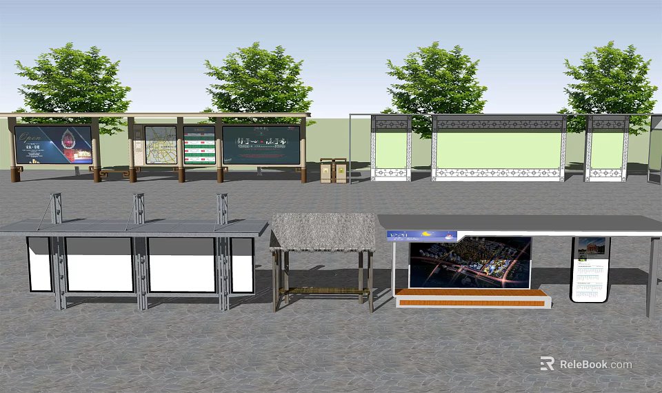 Urban Bus Station With Shelters Billboards Seats And Green Trees 3d model 